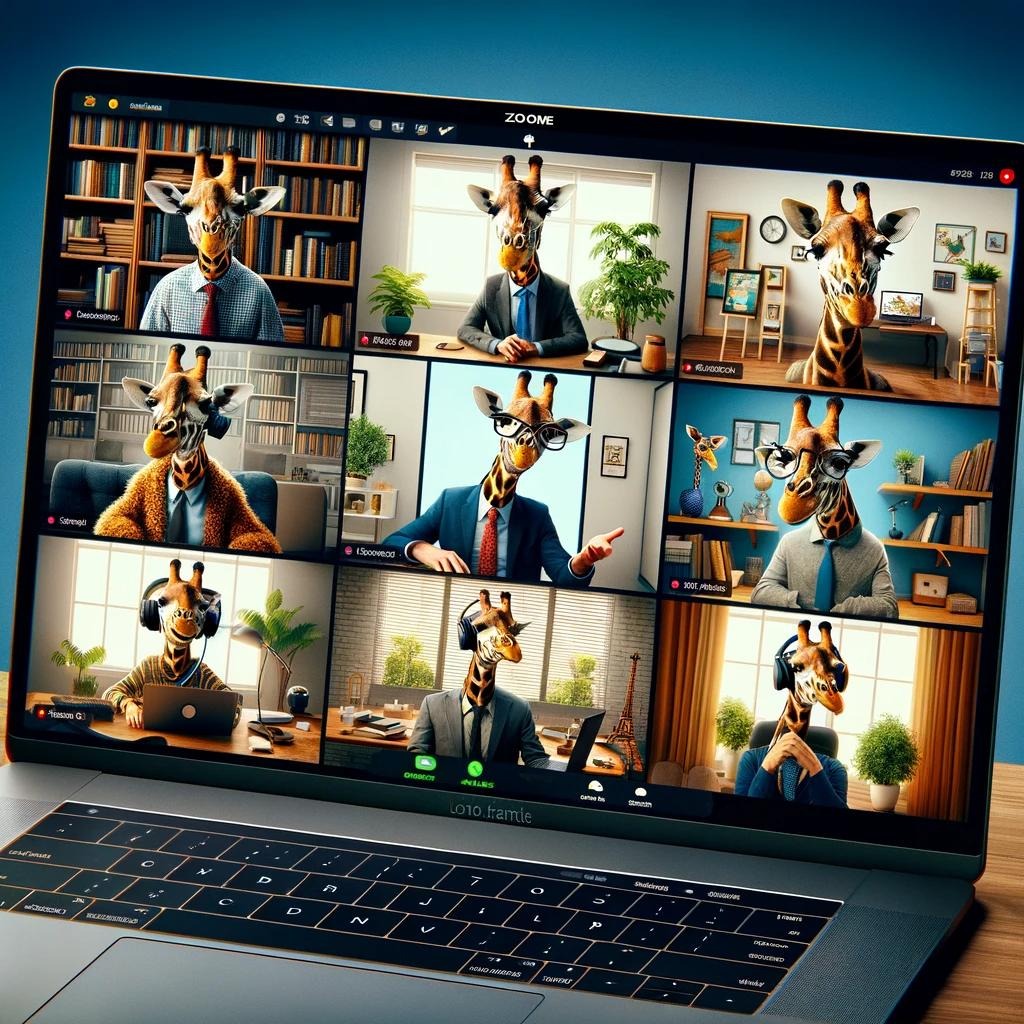 Laptopbildschirm zeigt eine Videokonferenz mit neuen Fenstern mit Giraffen als Teilnehemende